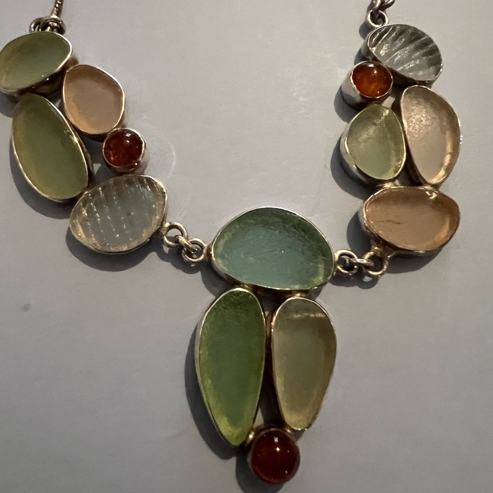 Vintage Jessica Lee 925 Sea Glass Statement Necklace 18” - Picture 2 of 5